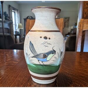 Mexico Decorated Bisque Tonala Pottery Vase Bird Vintage 9" Signed Cardiel
